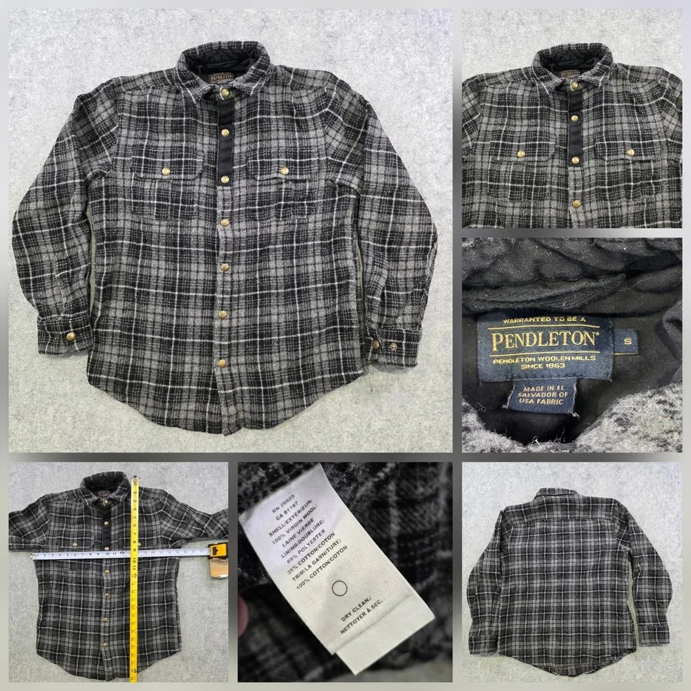 Pendleton Shirt Jacket Mens Small‎ Gray Plaid Wool Quilted Lined Flannel Snap